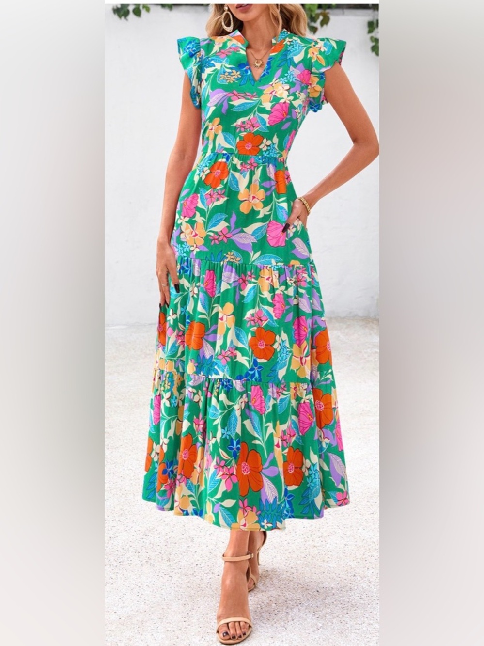 Pretty Garden Floral Cap Sleeve V neck flowy Midi Dress Size XXL new with tags